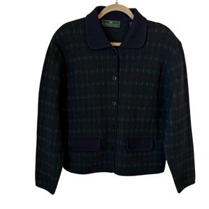 Embassy Row Women’s Navy Blue & Green Plaid 100% Merino Wool Button Jacket Large